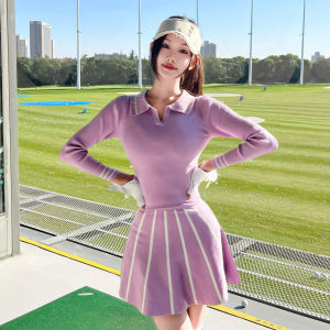 เสื้อสเวตเตอร์แขนยาวสำหรับผู้หญิงใส่เล่นกอล์ฟสไตล์ฤดูใบไม้ร่วง-ฤดูหนาวมาใหม่พร้อมผ้าถักคอวีอันทันสมัยให้ความอบอุ่นและ Comfort กระโปรงชุดกีฬาการพักผ่อนกลางแจ้งคุณภาพสูงสีม่วงระดับพรีเมียมยืดหยุ่น