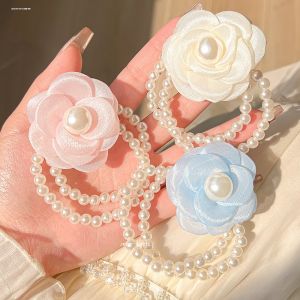Elegant Pearl Hair Ties for Women Tea Rose Flower Hair Bands Fresh Style Double Wear Bracelets Bridalmaid Wrist Flowers