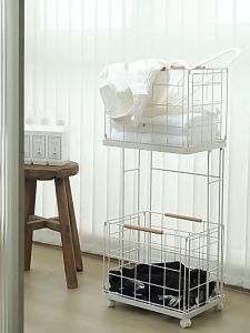 2 Tier Dirty Clothes Storage Basket with Wheels Movable Clothes Storage Laundry Hampers Towel Rack with Handle Laundry Rack for Bathroom Balcony Washing Room