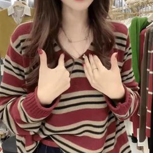 Áo Len Dệt Kim Cổ Chữ V Màu Tương Phản Thời Trang Phong Cách Hàn Quốc Thường Ngày Trẻ Trung Giản Dị Áo Len Dệt Kim Dài Tay Mùa Thu 2025