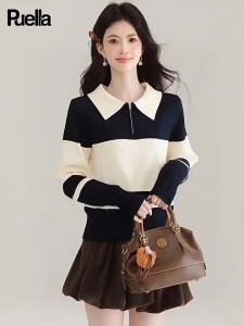 puella | Áo Sweater Len Sọc Cổ Polo Đen Nữ