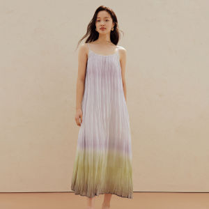 INMAN | French Style Gradient Print Pleated Maxi Strap Dress