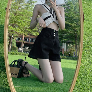 QIANCHANGNAAI | Black Buttons High Waist Flare A-Line Jeans Shorts Slimming Loose Large Size