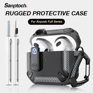 Sanptoch Lock Switch Headset Case For Apple AirPods 4 / Pro 3 / Pro 2nd / 3rd / Pro Mech Style Shockproof Full Cover For Airpods 2 / 1 Generation Carbon Fibre Protective Casing With Keychain