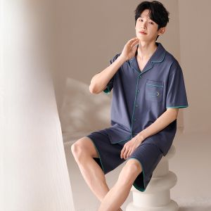 Miiow | Catman Summer Sleepwear Mens Style 2025 New Short Sleeve Open Cardigan Shorts Home Clothes Set Youth Casual Ice Silk Cotton Blend