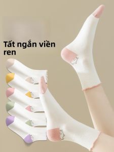 JINGCHI | Tất nữ mỏng đến giữa bắp chân họa tiết mèo dễ thương màu trắng viền ren phong cách Nhật Bản mùa hè 2025 mẫu mới bán chạy nhất