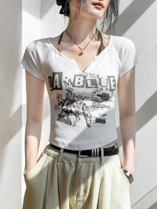 GEBEISHANG | Korean Style Off-Shoulder Half-Open Neck Letter Print Short Sleeve T-Shirt for Women