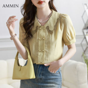 AMMIN เสื้อปักลายดอกไม้ มีกระดุมสองแถวกลวงลาย ดอกไม้ เสื้อชีฟอง สำหรับ เดินทาง แขน สั้น ลำลอง เสื้อเบลา กระดูม สี แบบเพื่อฉบับภาษาเกาหลี ฤดูร้อน