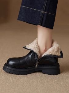 Warm Fleece Lined Genuine Leather round Toe Martin Boots Womens Autumn Winter New Style Snow Boots Retro Thick Bottom Short Boots
