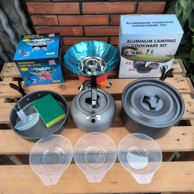 Paket Cooking Set Camping TZ-311 DS-311 Nesting Plus Teko 1.1L Panci Alat Masak Outdoor Aluminium Anti Lengket Camping Cookware + Kompor Windproof K-203 3-4 Orang