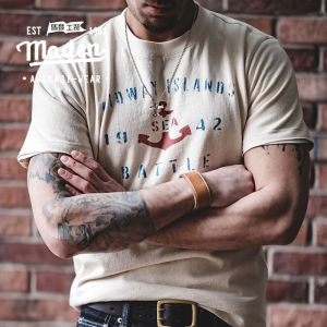 MADEN brand tooling style men youth 2025 summer new Japanese retro anchor print cotton preppy short-sleeved TEE front shoulder half-sleeve boy letter round neck T-shirt