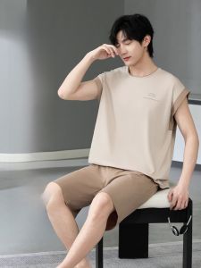 MiiOW | Bộ đồ ngủ cotton nguyên chất mùa hè cho nam Áo vest không tay Quần short rộng rãi thoải mái Bộ đồ mặc nhà giản dị cỡ lớn
