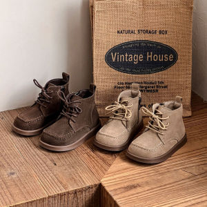 Retro Martin Boots Childrens Leather Casual Warm Booties for Girls Winter Low Top Zipper Closure Cotton Booties for Kids