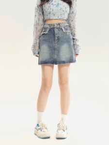 Spring Summer Denim Mini Skirt Women High Waist Slimming Retro plus Size A-Line Bodycon Half-Length Trendy INS Pocket Fringe
