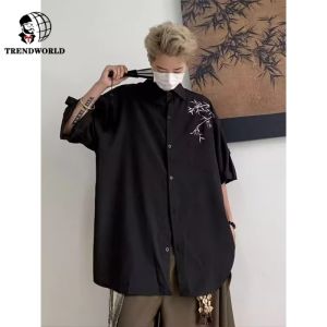New Chinese Style Bamboo Embroidered Short-Sleeved Shirt Mens Summer Casual Tang Suit Coat Shirt