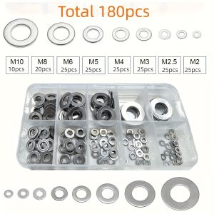 Stainless Steel Flat Washer Kit (M2-M10): 180pcs，Suitable for Home Deco Industrial Maintenance&Outdoor ect.
