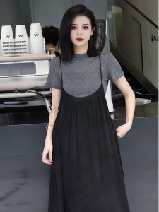 YUFUQING | Summer Outfit Set Casual Black Top Grey Short Sleeve Strap Dress Anti-Aging Trendy Polyester Fiber Commute Style For All Body Types