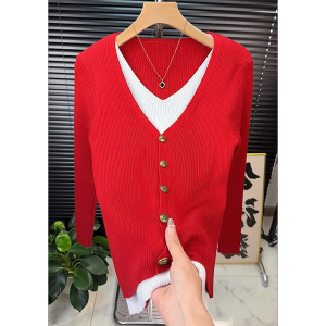 QINGNAER | New Button Pseudo Two-Piece Pullover Red Sweater Design Large