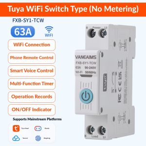 VANEAIMS Tuya WiFi Smart Switch Circuit Breaker 1P+N 63A AC90-240V DIN Rail Remote Control Timer Smart Life Optional Energy Meter Power Monitor