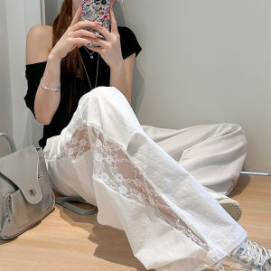 White Lace Splicing Sports Pants Womens Summer Lazy Style Loose Paratrooper Pants Wide Leg Quick Dry Casual Trousers