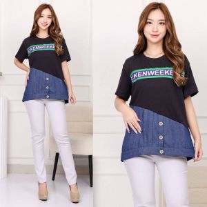 Aurelie Blouse knit mix jeans lengan pendek kombinasi gambar printing dtf formal nyaman