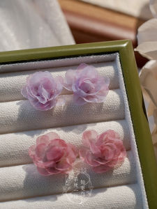 Hand-Painted 3D European Tulle Flower Earrings No Piercing Required Spring Summer Fairy Tale Pure Desire Ruched Floral Studs
