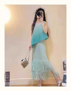Pear-Shaped Body Completely Outfitted Summer Set with Tassel Skirt Half-top Sleeveless Gradient Polyester Fiber Two-Piece Suit for Women