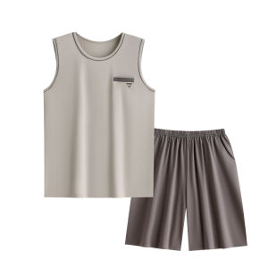 yuenei | ชุดนอนชายผ้าโมดอลฤดูร้อน ชุดนอนผ้าไหมน้ำแข็ง แขนกุด กางเกงขาสั้น ชุดอยู่บ้าน ลำลอง สบายๆ ระบายอากาศได้ดี ชุดนอนชาย