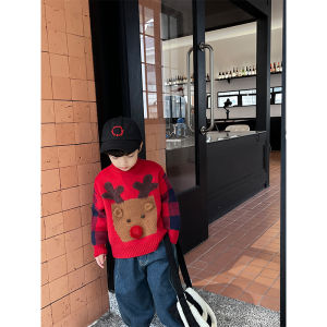 Okaidi Childrens Clothing Winter Boys Christmas Red Knitted round Neck Sweater Childrens Cartoon Inner Bottoming Top Tide