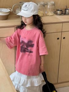 Girls Summer Sleeveless T-shirt Loose Casual Printed Top Childrens Wear Cotton Blend Comfortable Fit round Neck Short Sleeve