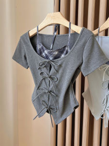 Áo Thun Tay Ngắn Cổ Tròn Kẻ Caro Thiết Kế Nữ Tính Cổ Giả Hai Mảnh Thắt Nơ Thắt Lưng Ngắn Mùa Hè Cotton Phong Cách Hàn Quốc