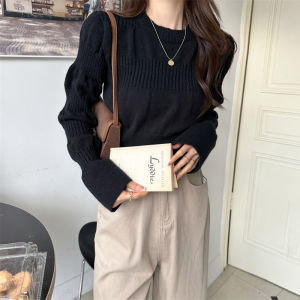 White Short Knitted Base Shirt Women Early Autumn Inner Bubble Sleeve Sweater High Waist Slim Fit Autumn Winter Small Size Top