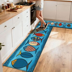 Thảm Nhà Bếp Hình Cá Nhiều Màu Sắc Blue Waves Thảm Trải Sàn Chống Trượt Theo Chủ Đề Đại Dương Cho Lối Vào Phòng Tắm Và Trang Trí Nhà Cửa Theo Phong Cách Ven Biển