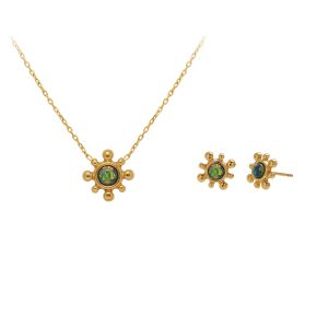 Sunflower Shine Opal Stone Pendant Gold Chain Necklace Set Earrings • Waterproof Non Tarnish Jewelry • 18K Gold Plated 316L Stainless Titanium Steel Necklaces for Women NL235