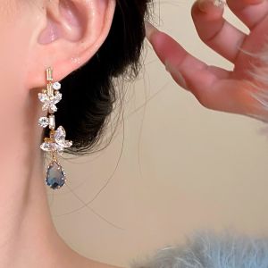 French Blue Waterdrop Butterfly Pendant Tassel Earrings Womens High-End Design Fashionable New Style Versatile Ear Jewelry