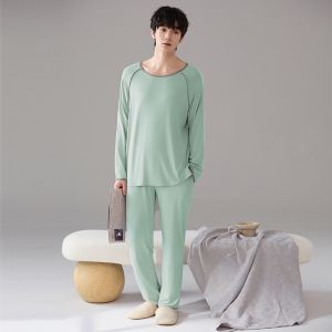Miiow | Mens Casual Sleepwear Long Sleeve Long Pants Thin Autumn Spring Home Clothes Set MiiOW Cat Person Round Neck Solid Color