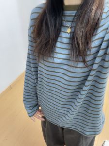 Womens Striped Long Sleeve T-Shirt round Neck Base Shirt Top Color Block Design Korean Style Soft Loose Fit Autumn New Arrival