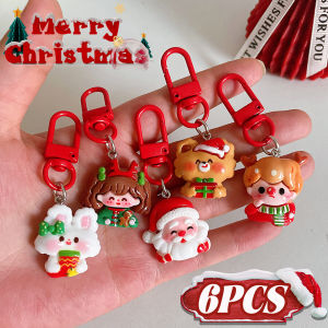 6PCS Cute Cartoon Christmas Series Keychain Santa Claus Elk Pendant Car Keyring Women Girls Bag Charms Friendship Couple New Year Xmas Jewelry Gifts