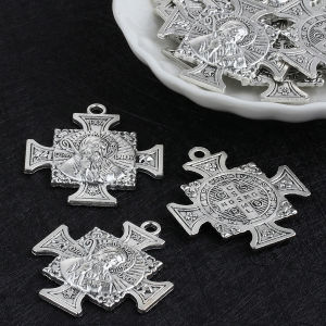 5Pcs Saint Benedict Cross Medal Christian Antique Silver Color Pectoral Maltese Cross Medallion Pendants DIY Accessories