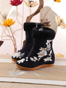 Autumn Winter Womens High Heel Short Boots Embroidered Tea Costume Shoes Cotton Floral Shoes National Ancient Style Hanfu