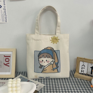 Original Pearl Earring Canvas Bag for Girls Sweet Korean Style Canvas Backpack Soft Tote Bag with Zipper Closure