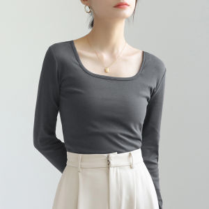 Slim Fit Womens Base Shirt Square Collar Long Sleeve Deep Gray Fashionable Large U Neck Lockbone Shoulder T-Shirt Commute Style
