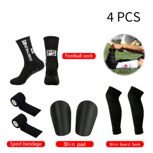 4 PCS Set Men Women Football Equipment Sports Non-slip Football Socks Compression Socks Sports Leg Guards Baffle Sports Bandages