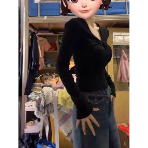 Pure ผ้าฝ้าย American คอวี ดีไซน์ สลิมฟิต เสื้อยืดแขนยาว ผู้หญิง Base Layer รัดรูป Fitting Shortฤดูใบไม้ร่วง ฤดูหนาว Spicy เด็กผู้หญิง Top