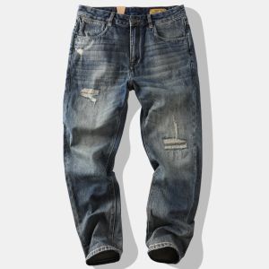 yzgf | Retro Street Style Patched Denim Jeans Mens Washed Vintage Straight Leg Loose Fit Cotton Pants