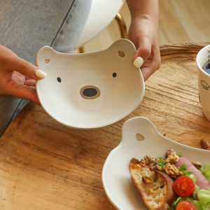 Cute Cartoon Bear Ceramic Dinner Plate Dessert Fruit Salad Deep Dish Plate Snack Bowl Irregular Shape Kitchen Diningware