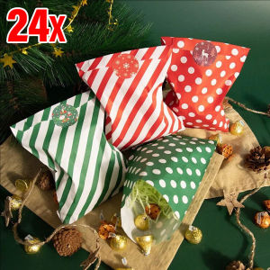 YESPERY 24Pcs Christmas Paper Treat Bags Polka Dot Striped Pattern Candy Bag with Sealing Sticker for Xmas Party Favor Paper Gift Bags