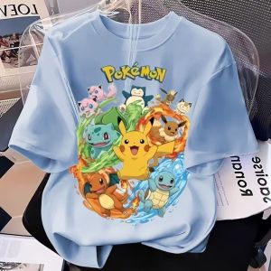 Bandai | 2026 Pikachu Parent-child Pure Cotton Short Sleeve T-shirt Fashion Casual Elf Pattern Design for Boys and Girls
