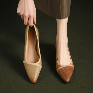 รองเท้าส้นเตี้ยหัวแหลมสไตล์ฝรั่งเศสย้อนยุค รองเท้าส้นแบนหัวแหลมสำหรับผู้หญิง ฤดูใบไม้ผลิและฤดูร้อน รองเท้าหนังขนาดเล็กที่สวมใส่สบาย