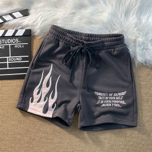 New Arrival American Version Flame Embroidered Patch Loose Straight-leg Half Length Shorts Men and Women Street Hipster Basketball Sports Pants